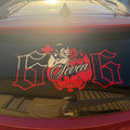 6 Seven 6 Tongan coat of arms car decal in red and white gothic lettering on rear windscreen